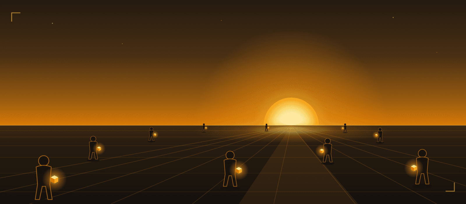 Silhouettes of many builders walking toward a rising amber sun